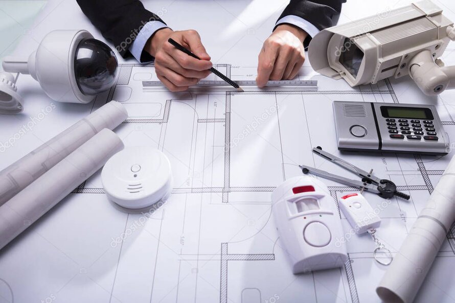 Ingenieur plant Sicherheitssystem auf Bauplan