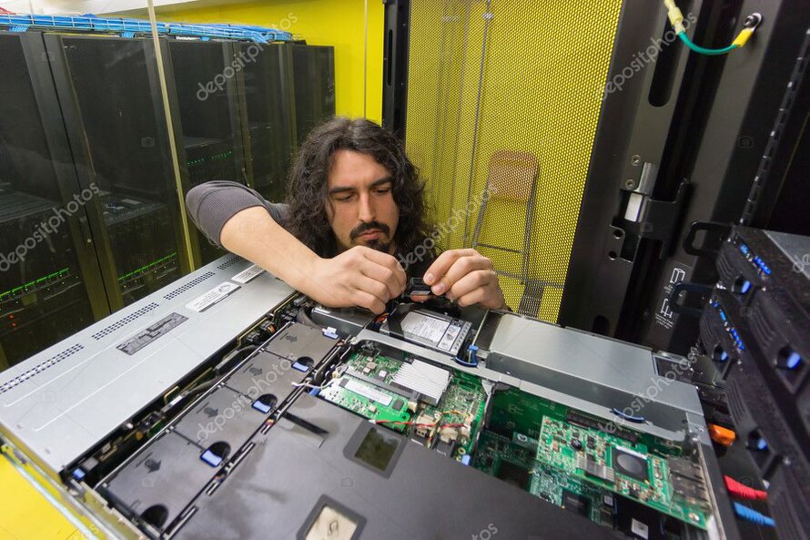 Techniker installiert Zutrittskontrolltechnik im Serverraum